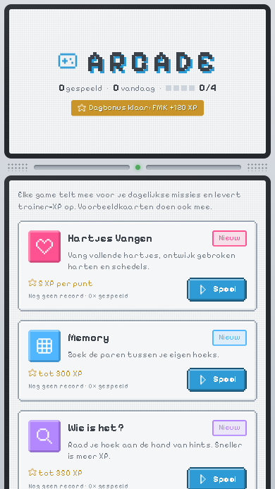 Het arcade-menu met Hartjes Vangen, Memory en Wie is het?, en de melding Dagbonus klaar.