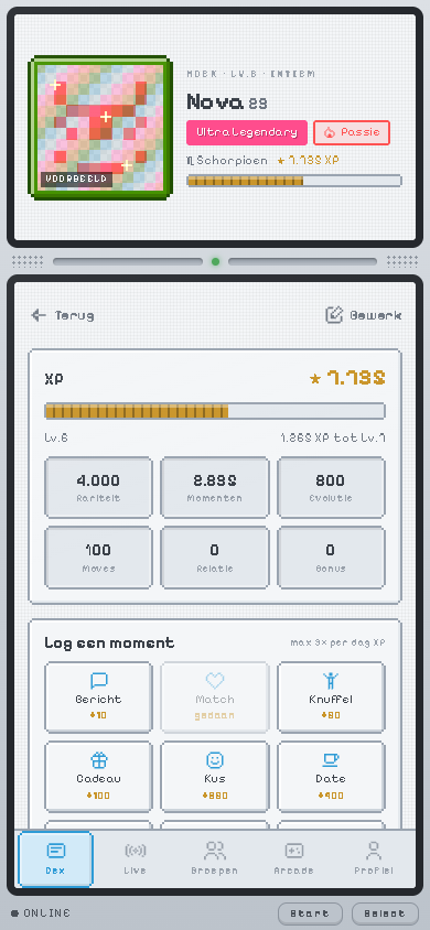 Kaartdetail van Nova, 23: Ultra Legendary, vibe Passie, sterrenbeeld Schorpioen, 7.735 XP, met het XP-overzicht en de knoppen om een moment te loggen.