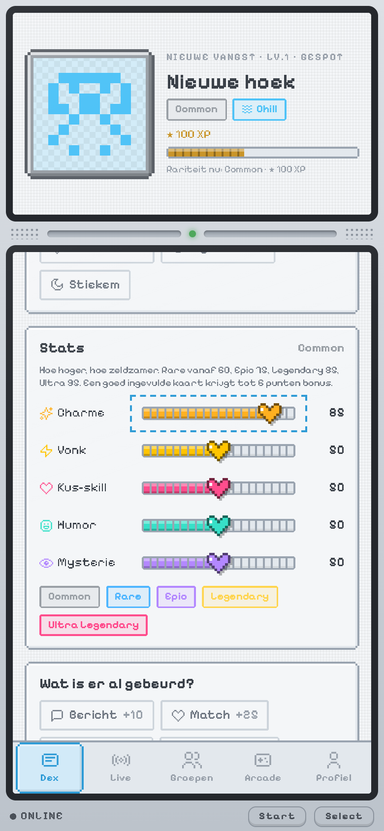 Formulier Nieuwe vangst: vijf stat-balken met een pixel-hartje als schuifje en de vijf rariteiten van Common tot Ultra Legendary.