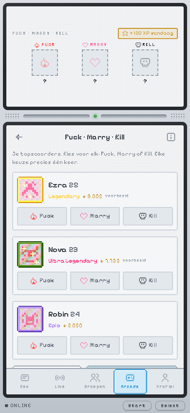 Fuck · Marry · Kill met drie kaarten uit de dex, elk met de knoppen Fuck, Marry en Kill.