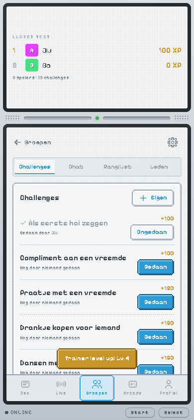 Een groep met twee spelers en hun XP bovenaan, en de lijst Challenges met knoppen Gedaan. Melding: Trainer level up.