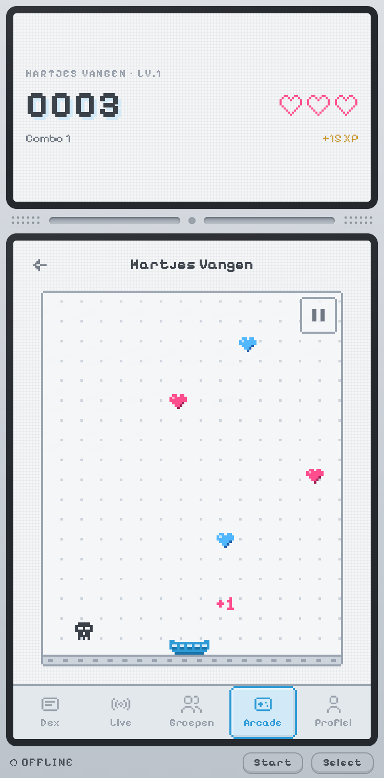 Hartjes Vangen tijdens het spelen: score, drie levens, vallende hartjes en een schedel boven het pixel-mandje.