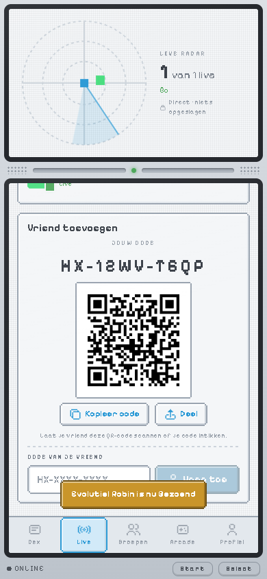Het Live-scherm: een radar met één vriend online, en Vriend toevoegen met een eigen code en QR-code.