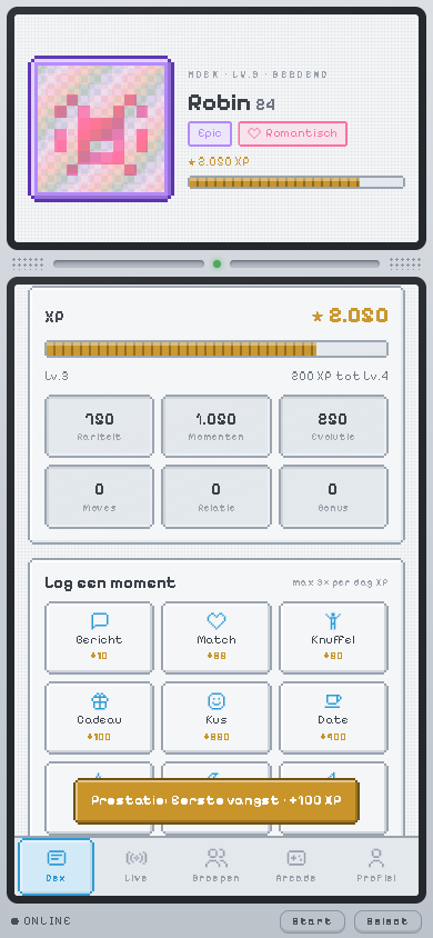 Kaart van Robin, Epic, met het raster Log een moment (Bericht, Match, Knuffel, Cadeau, Kus, Date) en de melding Prestatie: Eerste vangst.