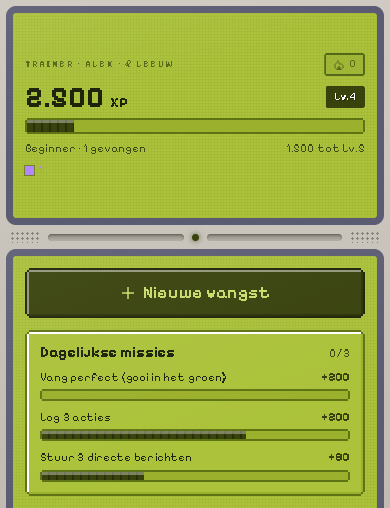 Hoekedex in het thema Game Boy: vier tinten groen.